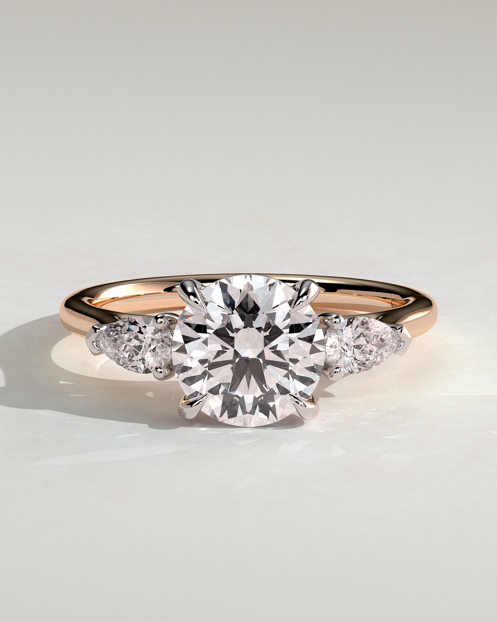 Arya - Round Claw Trilogy with Pear Side Stones and Cathedral Setting Engagement Ring - Rose Two-Tone - Rose Two-Tone 2ct
