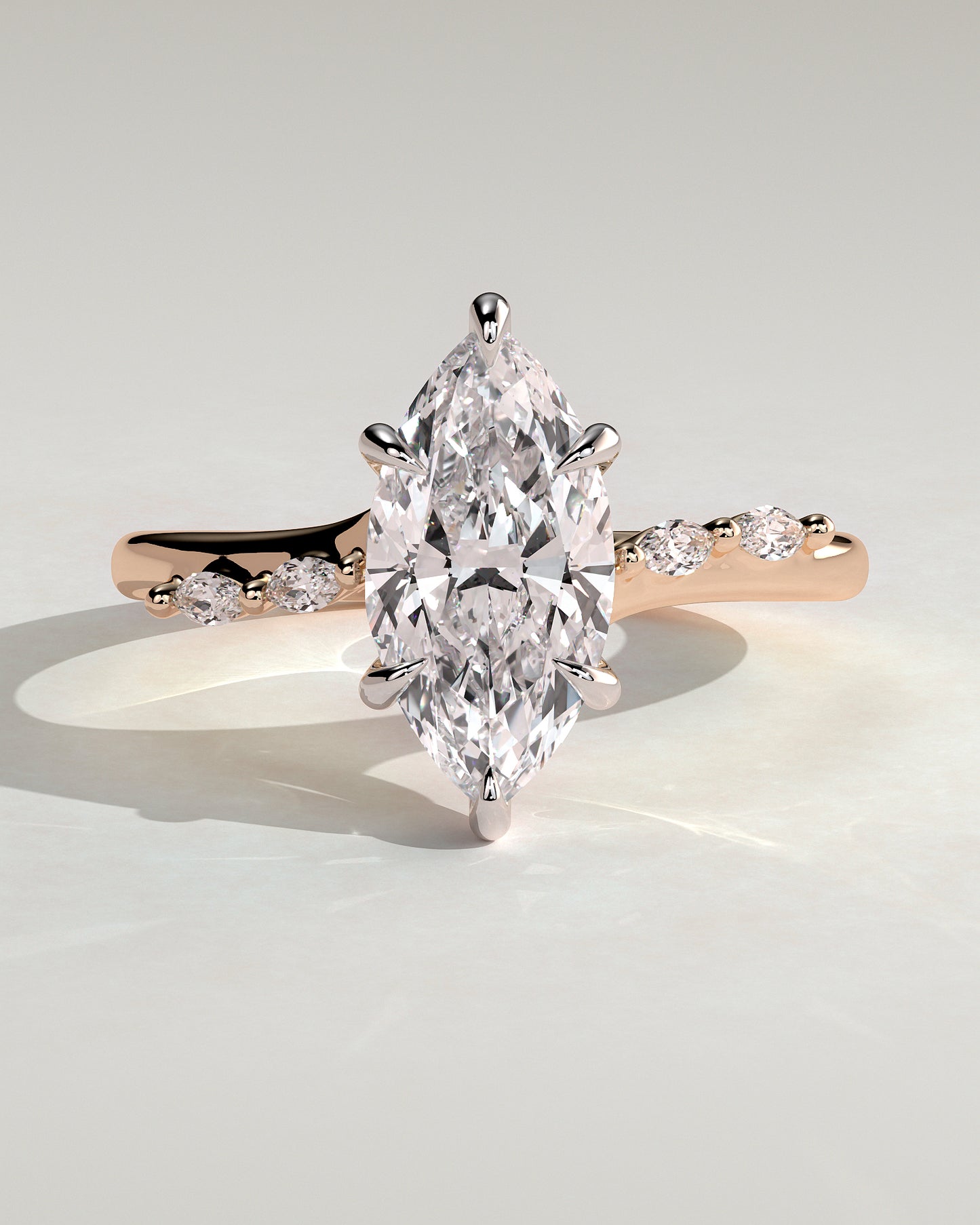 Elsie - Marquise Claw Solitaire with Hidden Halo, Opposing Marquise Accents and Cathedral High Setting Engagement Ring - Rose Two-Tone - Rose Two-Tone 2ct
