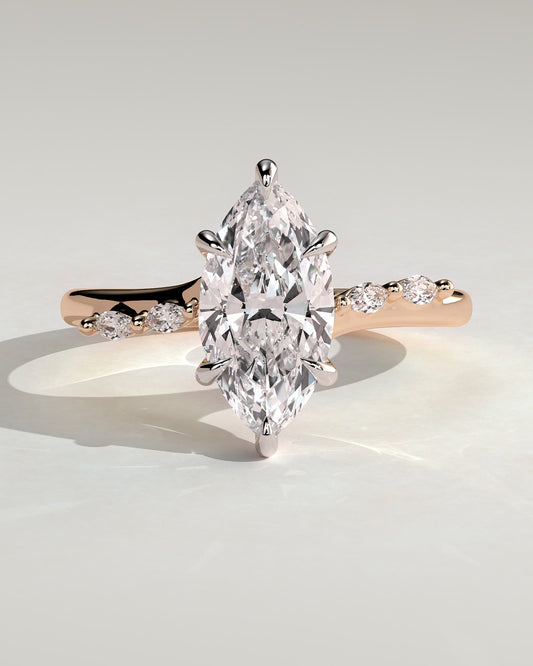 Elsie - Marquise Claw Solitaire with Hidden Halo, Opposing Marquise Accents and Cathedral High Setting Engagement Ring - Rose Two-Tone