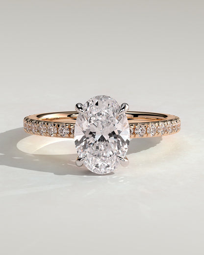 Evangeline - Oval Claw Solitaire with Wrap Around Hidden Halo and Pave Band Engagement Ring - Rose Two-Tone