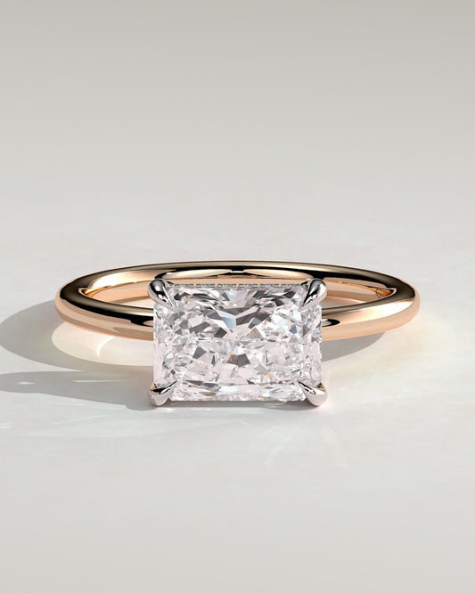 Francene - Radiant East West Claw Solitaire with Hidden Halo Engagement Ring - Rose Two-Tone