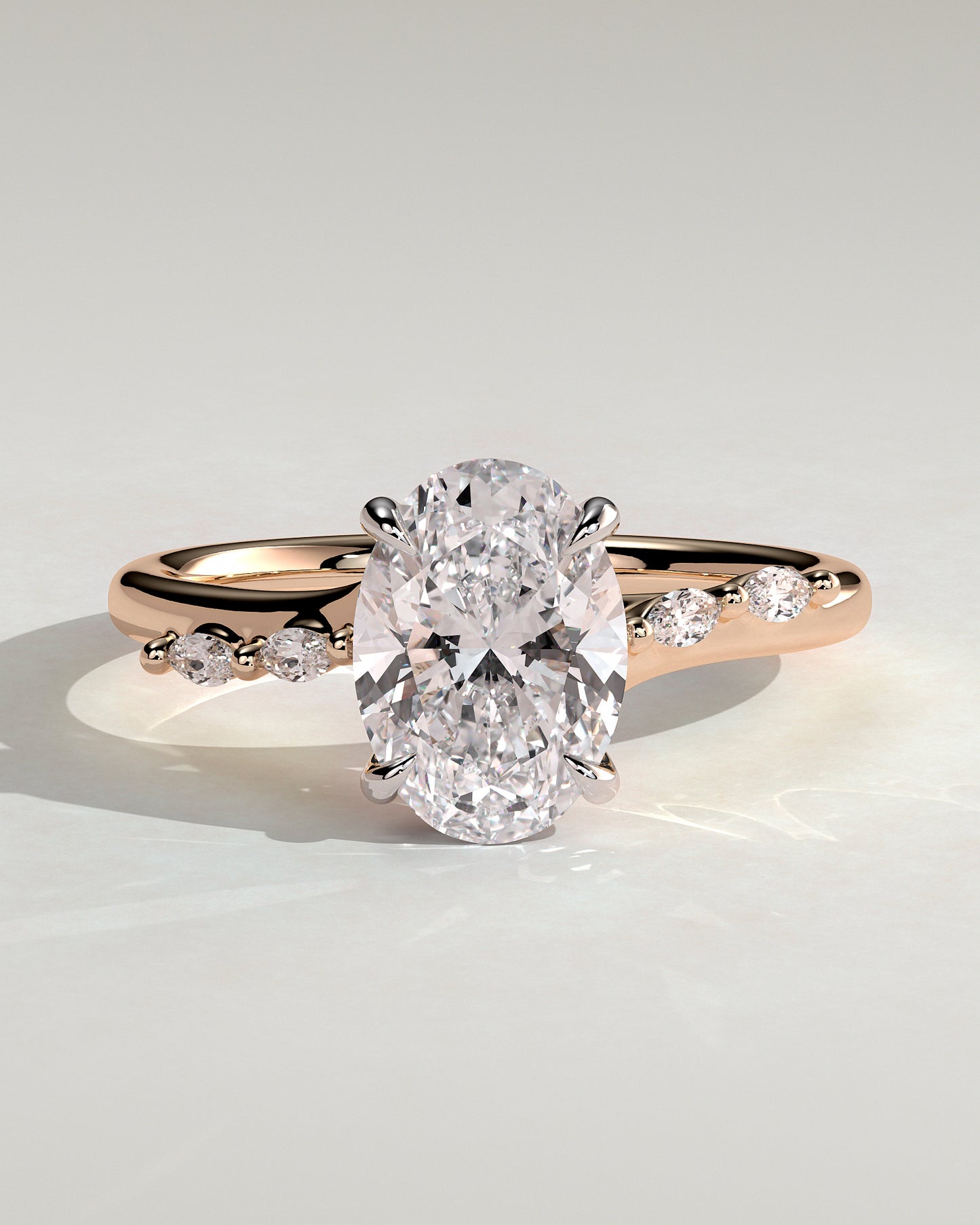 Jamie - Oval Claw Solitaire with Hidden Halo, Opposing Marquise Accents and Cathedral High Setting Engagement Ring - Rose Two-Tone - Rose Two-Tone 2ct