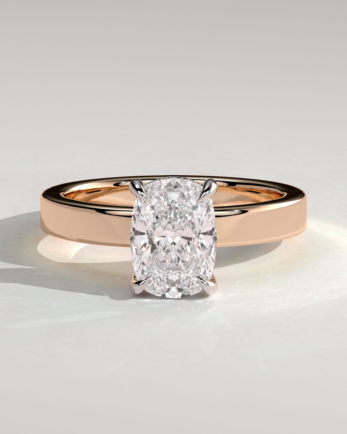 Kai - Elongated Cushion Claw Solitaire with Flat Cigar Band and Hidden Halo Engagement Ring - Rose Two-Tone