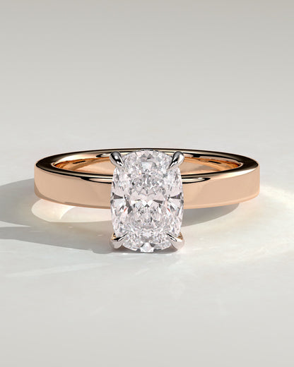 Kai - Elongated Cushion Claw Solitaire with Flat Cigar Band and Hidden Halo Engagement Ring - Rose Two-Tone