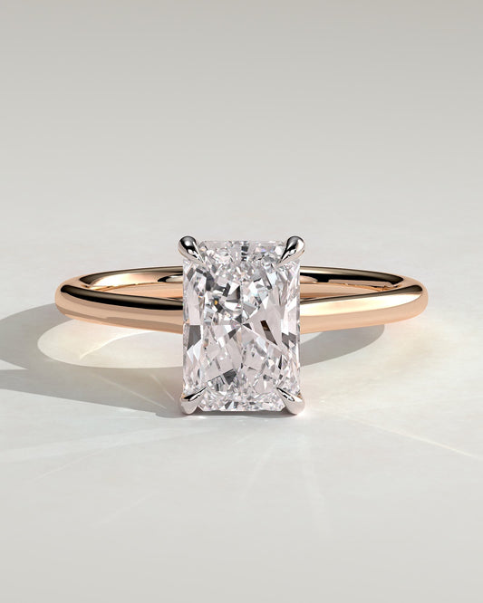 Melody - Radiant Claw Solitaire with Hidden Halo and Cathedral High Setting Engagement Ring - Rose Two-Tone