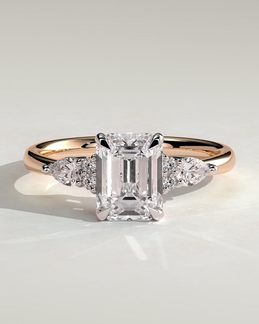 Raleigh - Emerald Claw Solitaire with Pear Accents and Round Shoulder Stones Engagement Ring - Rose Two-Tone