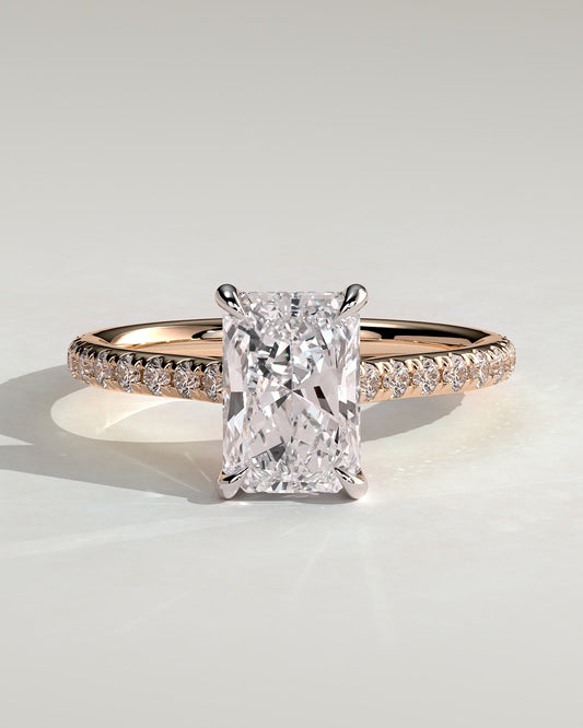 Racquel - Radiant Claw Solitaire with Hidden Halo, Pave Band and Cathedral High Setting Engagement Ring - Rose Two-Tone