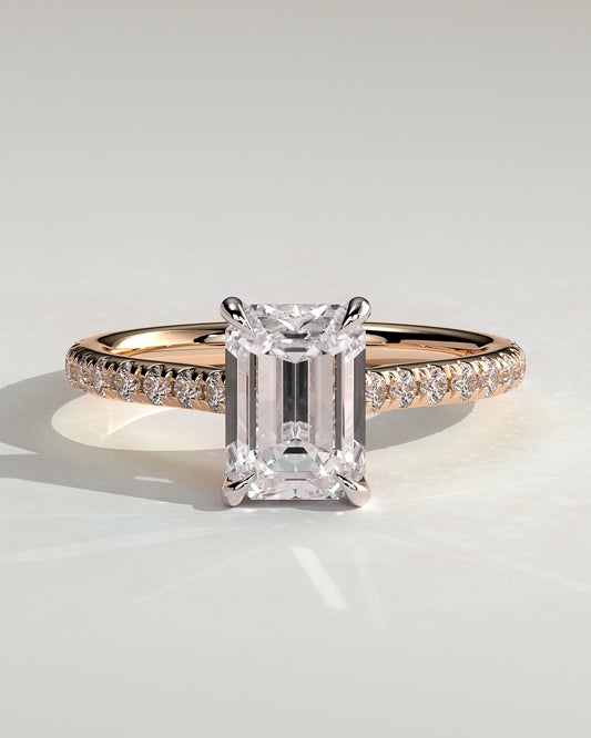 Rowena - Emerald Claw Solitaire with Hidden Halo, Pave Band and Cathedral High Setting Engagement Ring - Rose Two-Tone