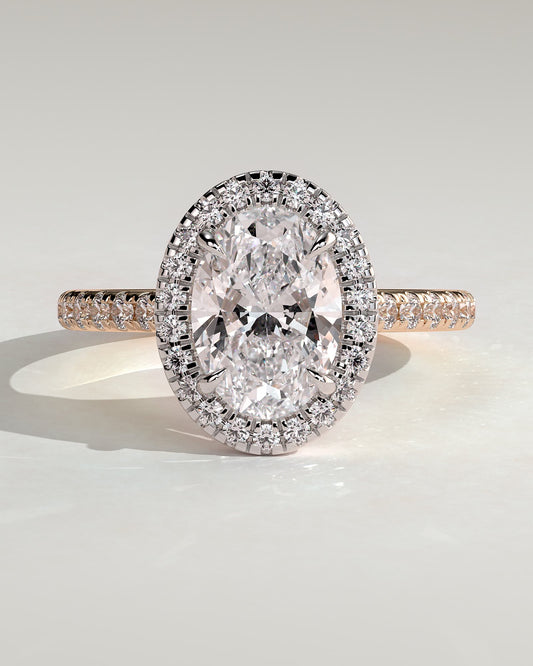 Sally - Oval Claw Solitaire with Halo and Pave Band and Cathedral High Setting Engagement Ring - Rose Two-Tone