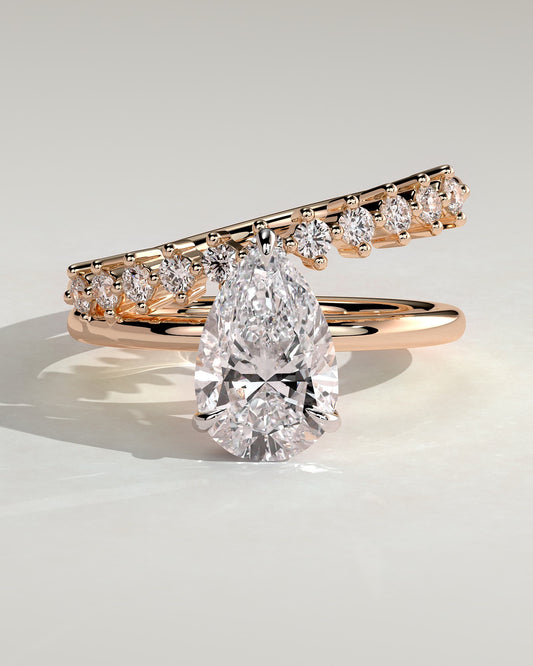 Xanthe - Pear Claw Solitaire with Double Plain-and-Round-Accent Stones Band Engagement Ring - Rose Two-Tone