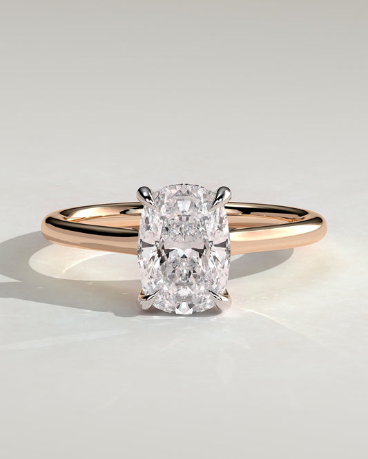 Yasmine - Elongated Cushion Claw Solitaire with Hidden Halo and Cathedral High Setting Engagement Ring - Rose Two-Tone