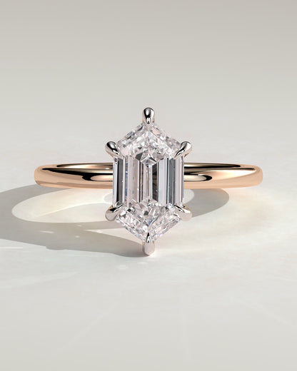 Delta - Elongated Hexagon Claw Solitaire with Hidden Halo Engagement Ring - Rose Two-Tone