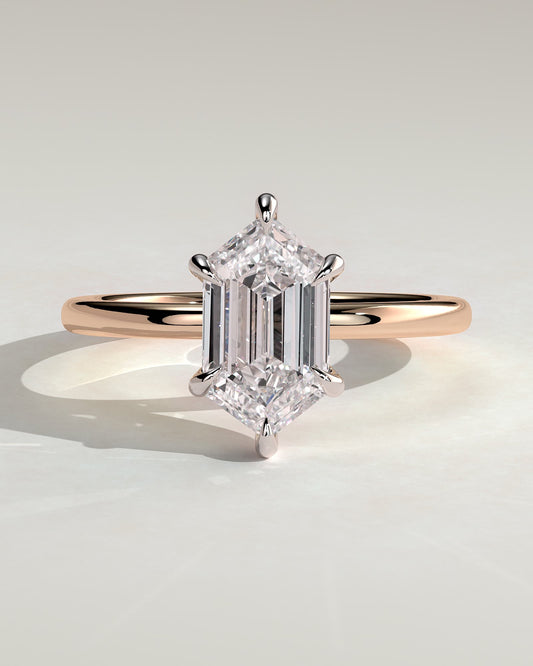 Delta - Elongated Hexagon Claw Solitaire with Hidden Halo Engagement Ring - Rose Two-Tone