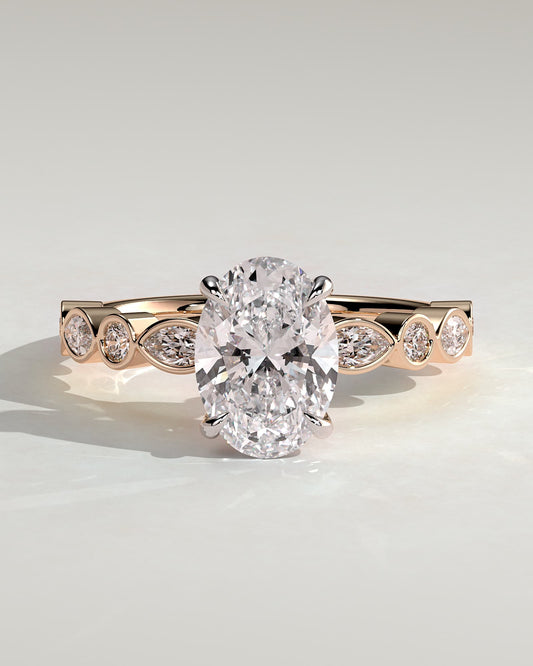 Rhiannon - Oval Claw Solitaire with Round-Marquise Bezel Accent Stones Engagement Ring - Rose Two-Tone