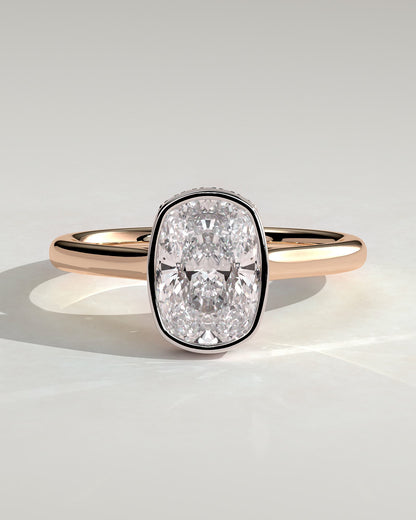 Everleigh - Elongated Cushion Bezel Solitaire with Hidden Halo and Cathedral High Setting Engagement Ring - Rose Two-Tone