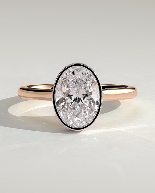 Sierra - Oval Bezel Solitaire with Hidden Halo and Cathedral High Setting Engagement Ring - Rose Two-Tone