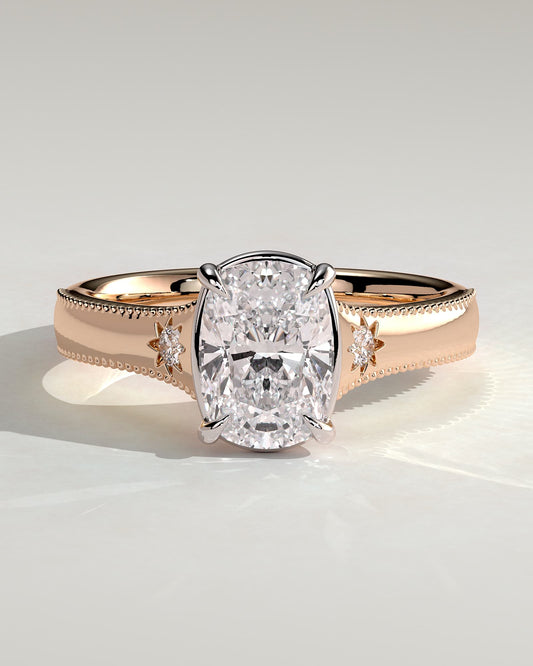 Taylor - Vintage Style Elongated Cushion Claw Solitaire with Bezel Frame and Star Set Accent Stones, Milgrain and Pinched Reverse Tapered Band Engagement Ring - Rose Two-Tone