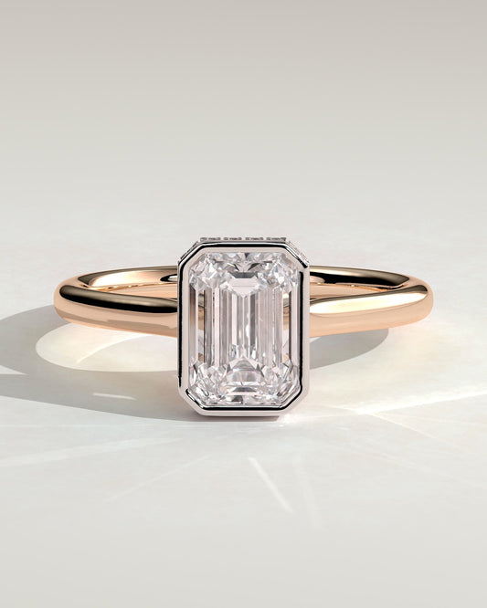 Valeria - Emerald Bezel Solitaire with Hidden Halo and Cathedral High Setting Engagement Ring - Rose Two-Tone