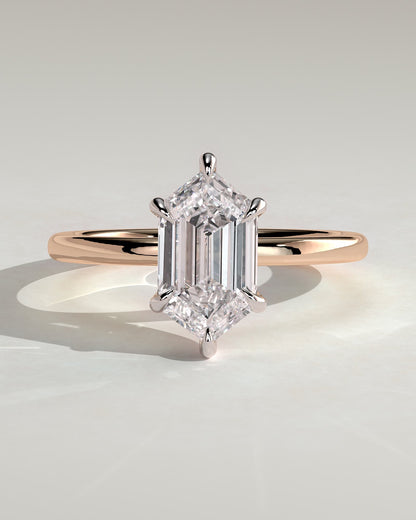 Cynthia - Classic Elongated Hexagon Claw Solitaire Engagement Ring - Rose Two-Tone