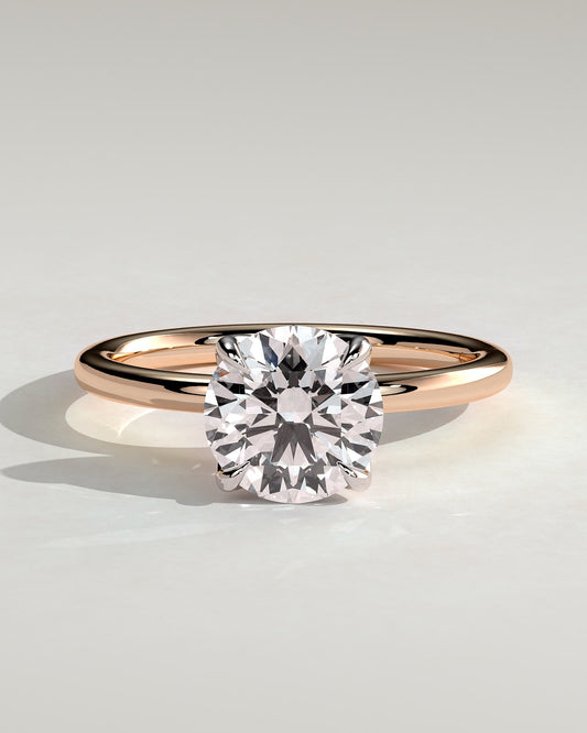 Dahlia - Round Claw Solitaire with Petal Gallery and Accented Tiara Detail Engagement Ring - Rose Two-Tone