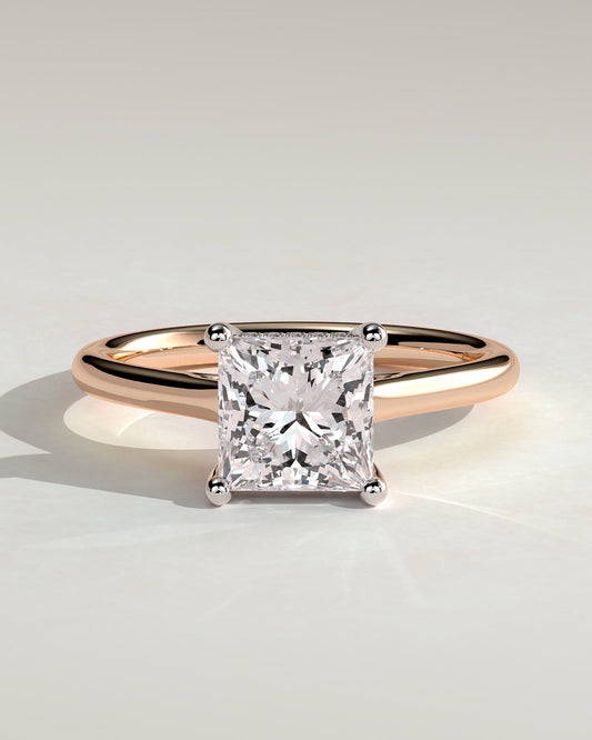 Natalie - Princess Claw Solitaire with Hidden Halo and Cathedral High Setting Engagement Ring - Rose Two-Tone