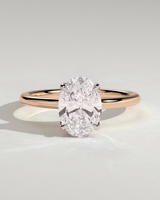 Erica - Oval Claw Solitaire with Petal Gallery, Accent Leaf Detail and Cathedral Setting Engagement Ring - Rose Two-Tone