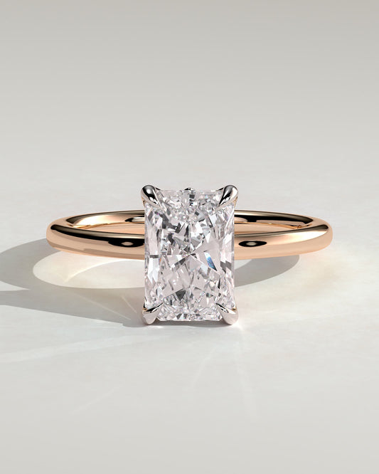 Harriet - Radiant Claw Solitaire with Petal Gallery, Accent Leaf Detail and Cathedral Setting Engagement Ring - Rose Two-Tone