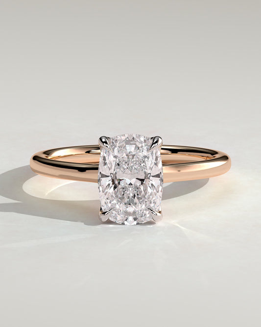 Melissa - Elongated Cushion Claw Solitaire with Petal Gallery, Accent Leaf Detail and Cathedral Setting Engagement Ring - Rose Two-Tone