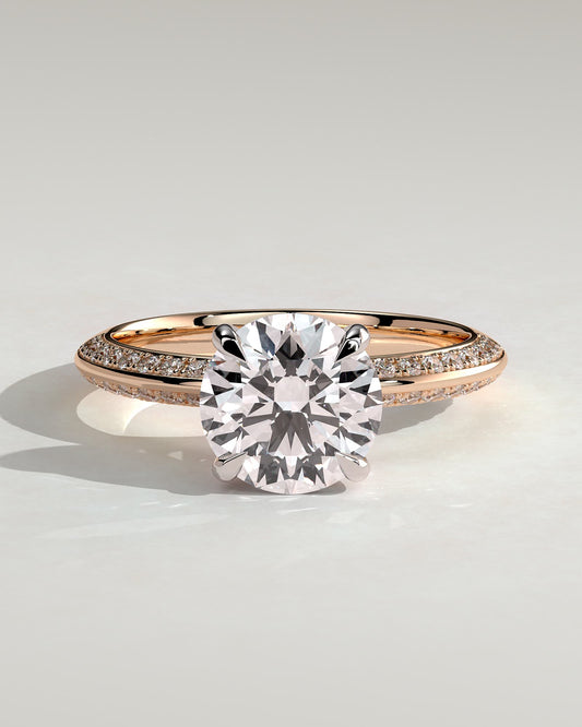 Melinda - Round Claw Solitaire with Hidden Halo and Knife Edge Pave Band  Engagement Ring - Rose Two-Tone