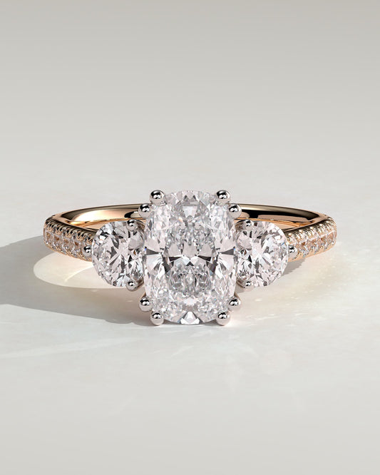 Meghan - Elongated Cushion Double Claw Trilogy with Round Side Stones, Pave Band and Cathedral Setting Engagement Ring - Rose Two-Tone