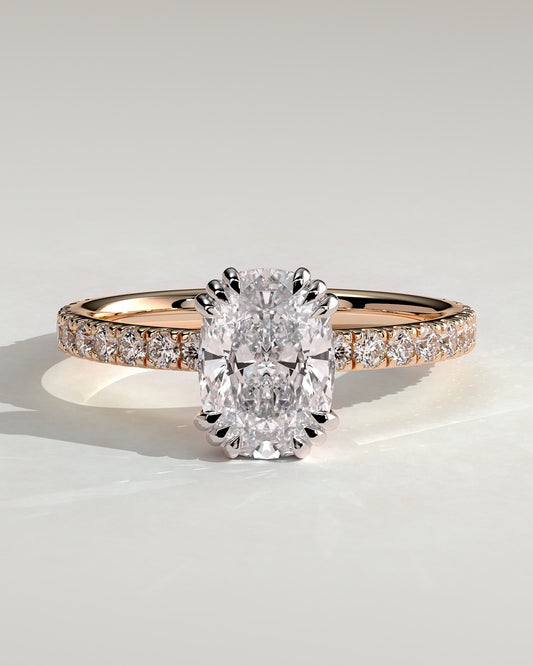 Mandy - Elongated Cushion Triple Claw Solitaire with Pave Band Engagement Ring - Rose Two-Tone