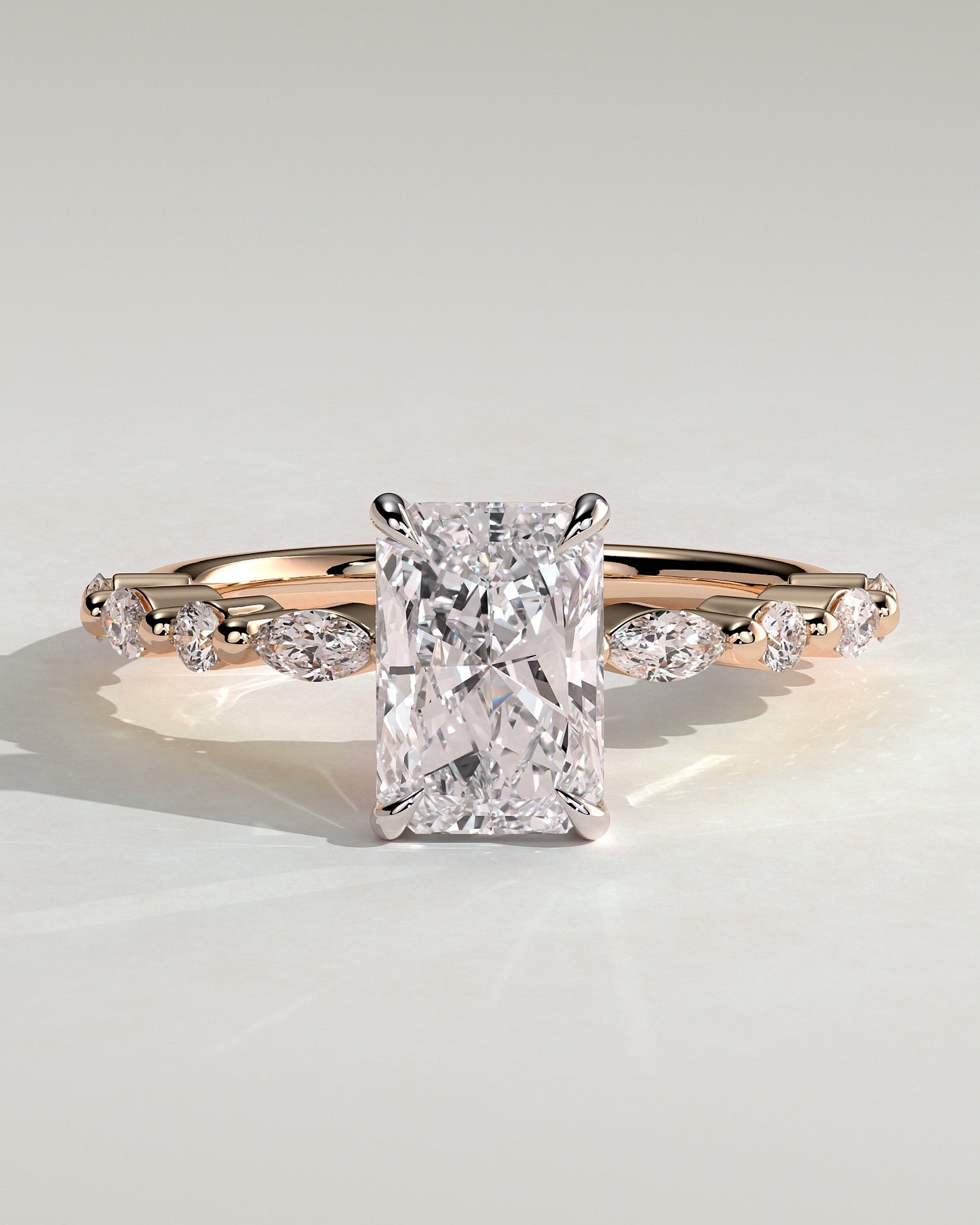 Dayna - Radiant Claw Solitaire with Marquise and Round Accent Stones Engagement Ring - Rose Two-Tone - Rose Two-Tone 2ct