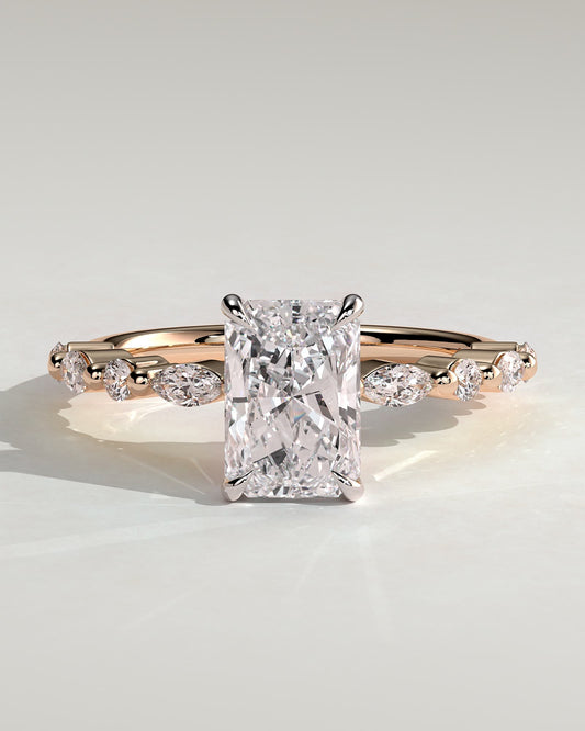 Dayna - Radiant Claw Solitaire with Marquise and Round Accent Stones Engagement Ring - Rose Two-Tone