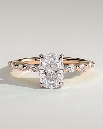 Delphine - Elongated Cushion Claw Solitaire with Marquise and Round Accent Stones Engagement Ring - Rose Two-Tone