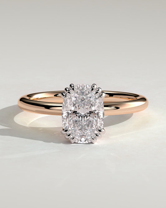 Helena - Elongated Cushion Triple Claw Solitaire Engagement Ring - Rose Two-Tone