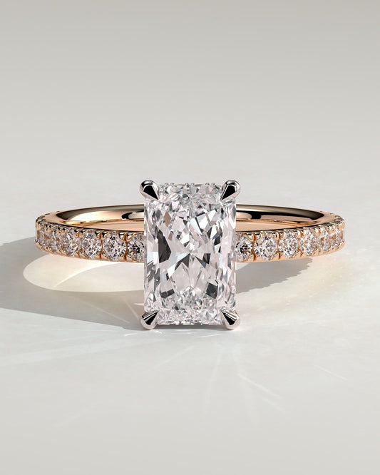Ellie - Radiant Claw Solitaire with Wrap Around Hidden Halo and Pave Band Engagement Ring - Rose Two-Tone