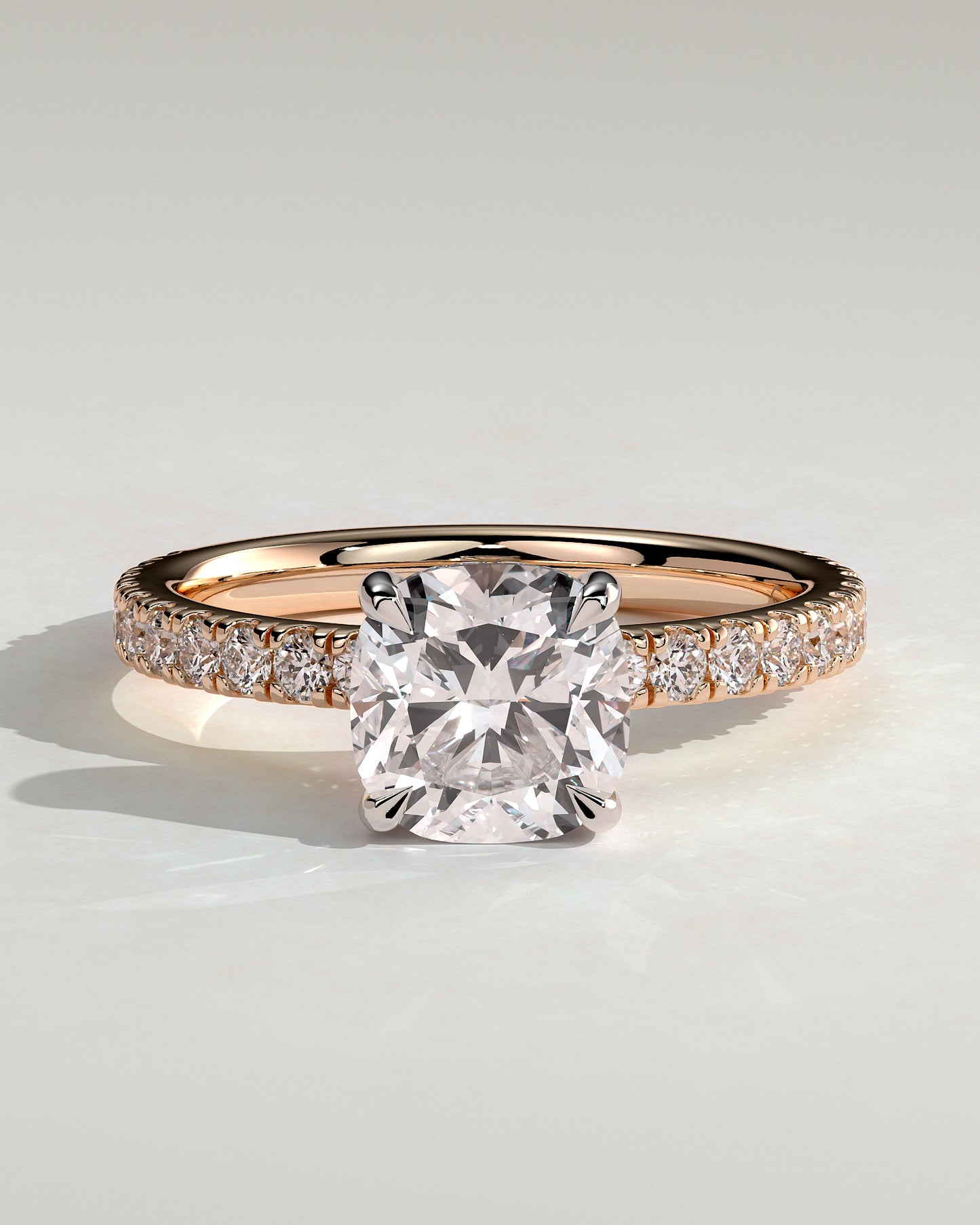 Claudia - Cushion Claw Solitaire with Hidden Halo and Pave Band Engagement Ring - Rose Two-Tone - Rose Two-Tone 2ct
