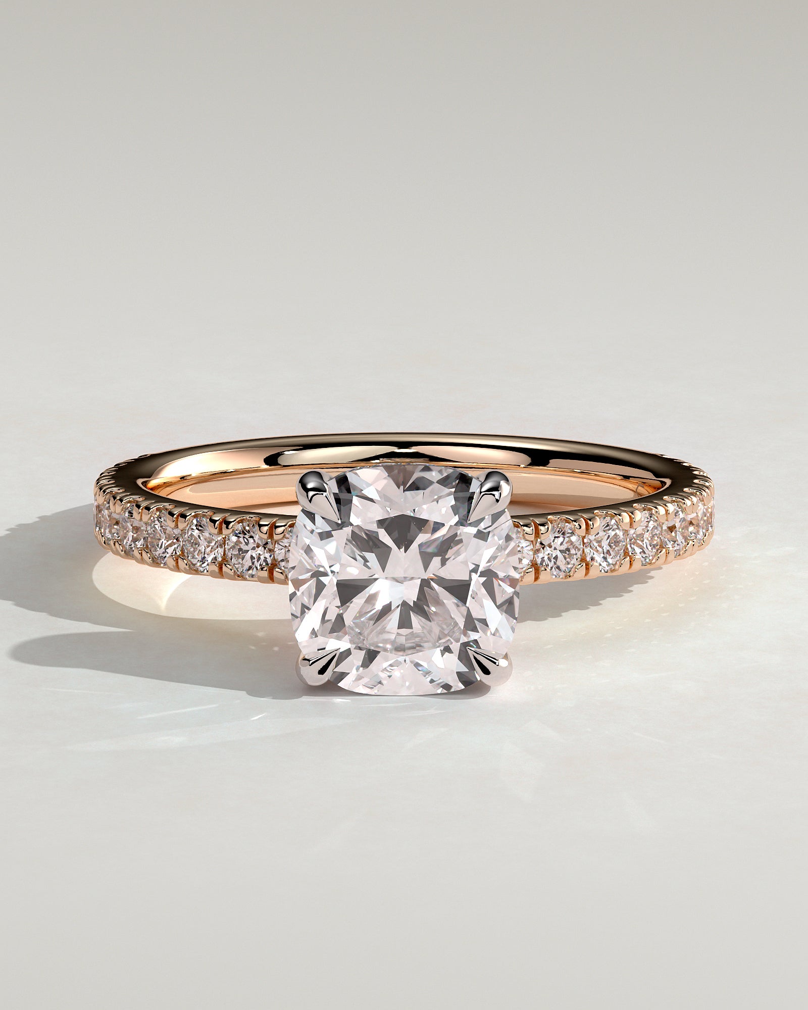 Claudia - Cushion Claw Solitaire with Hidden Halo and Pave Band Engagement Ring - Rose Two-Tone - Rose Two-Tone 2ct