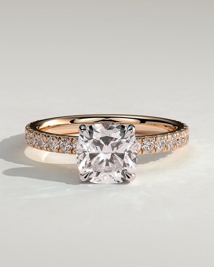 Claudia - Cushion Claw Solitaire with Hidden Halo and Pave Band Engagement Ring - Rose Two-Tone