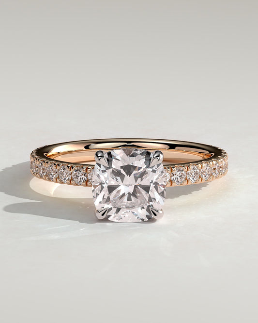 Claudia - Cushion Claw Solitaire with Hidden Halo and Pave Band Engagement Ring - Rose Two-Tone