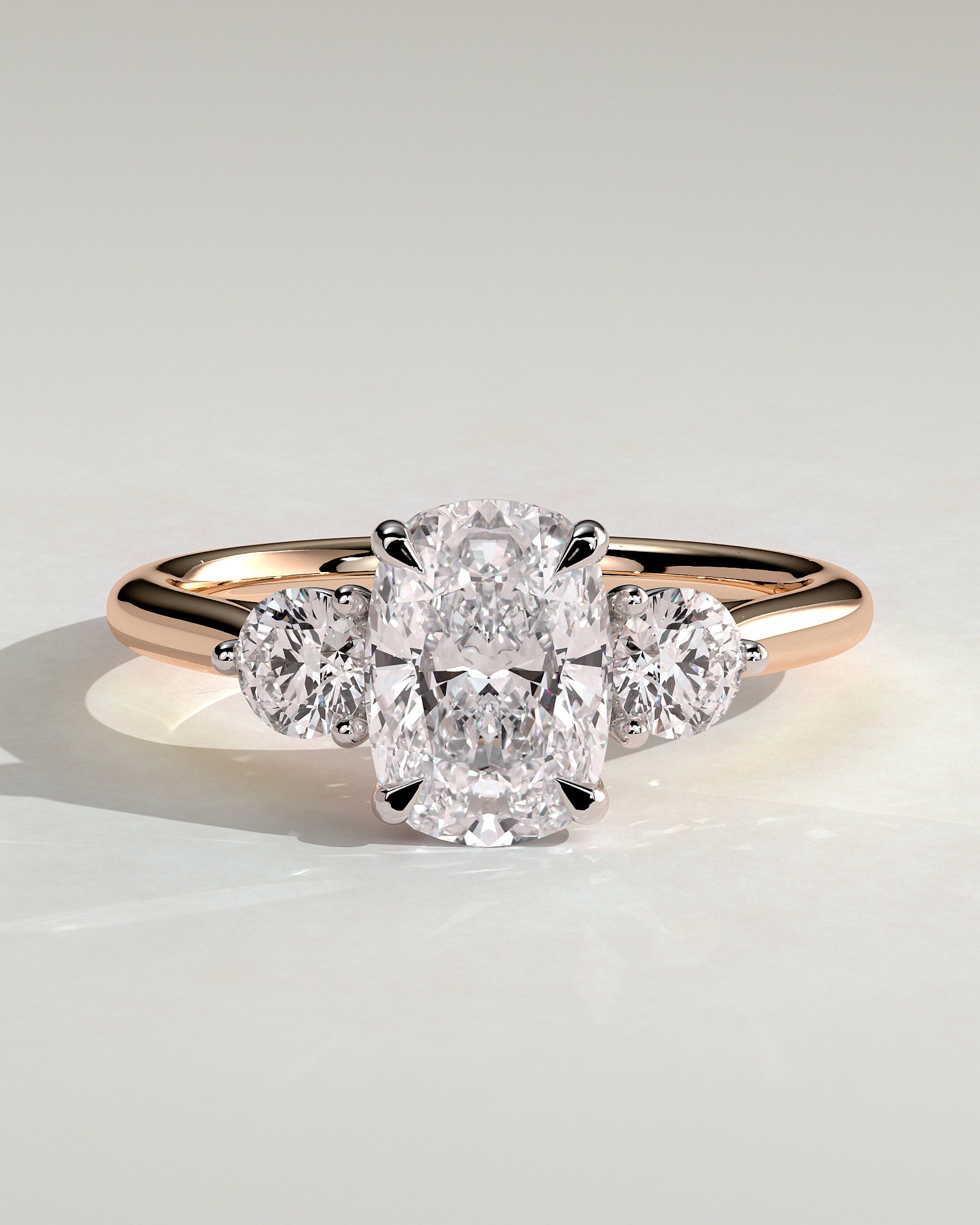 Charmaine - Elongated Cushion Claw Trilogy with Round Side Stones and Lily Detail Engagement Ring - Rose Two-Tone - Rose Two-Tone 2ct