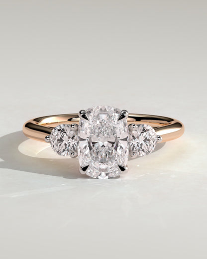 Charmaine - Elongated Cushion Claw Trilogy with Round Side Stones and Lily Detail Engagement Ring - Rose Two-Tone