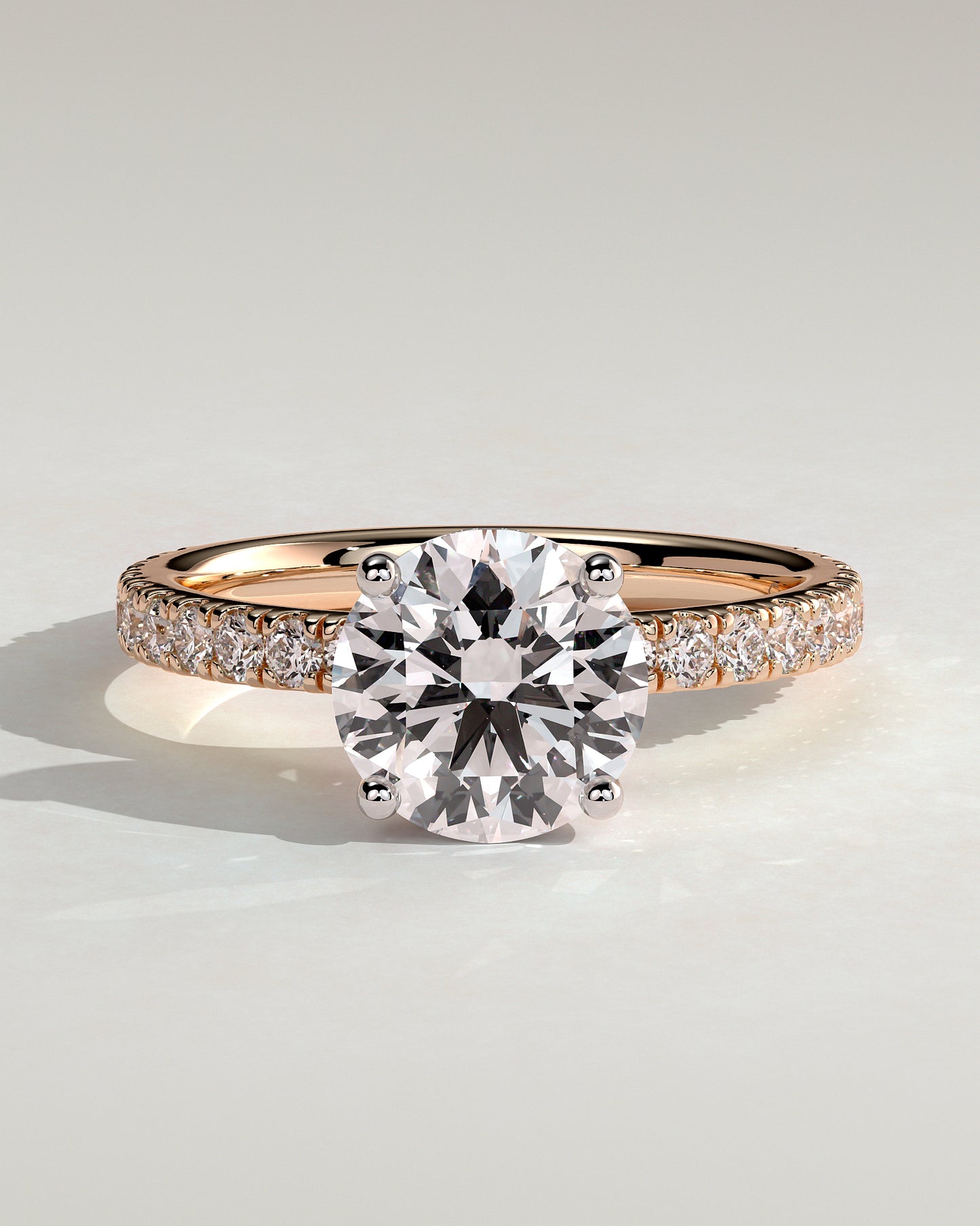 Charlie - Round Claw Solitaire with Hidden Halo and Pave Band Engagement Ring - Rose Two-Tone - Rose Two-Tone 2ct