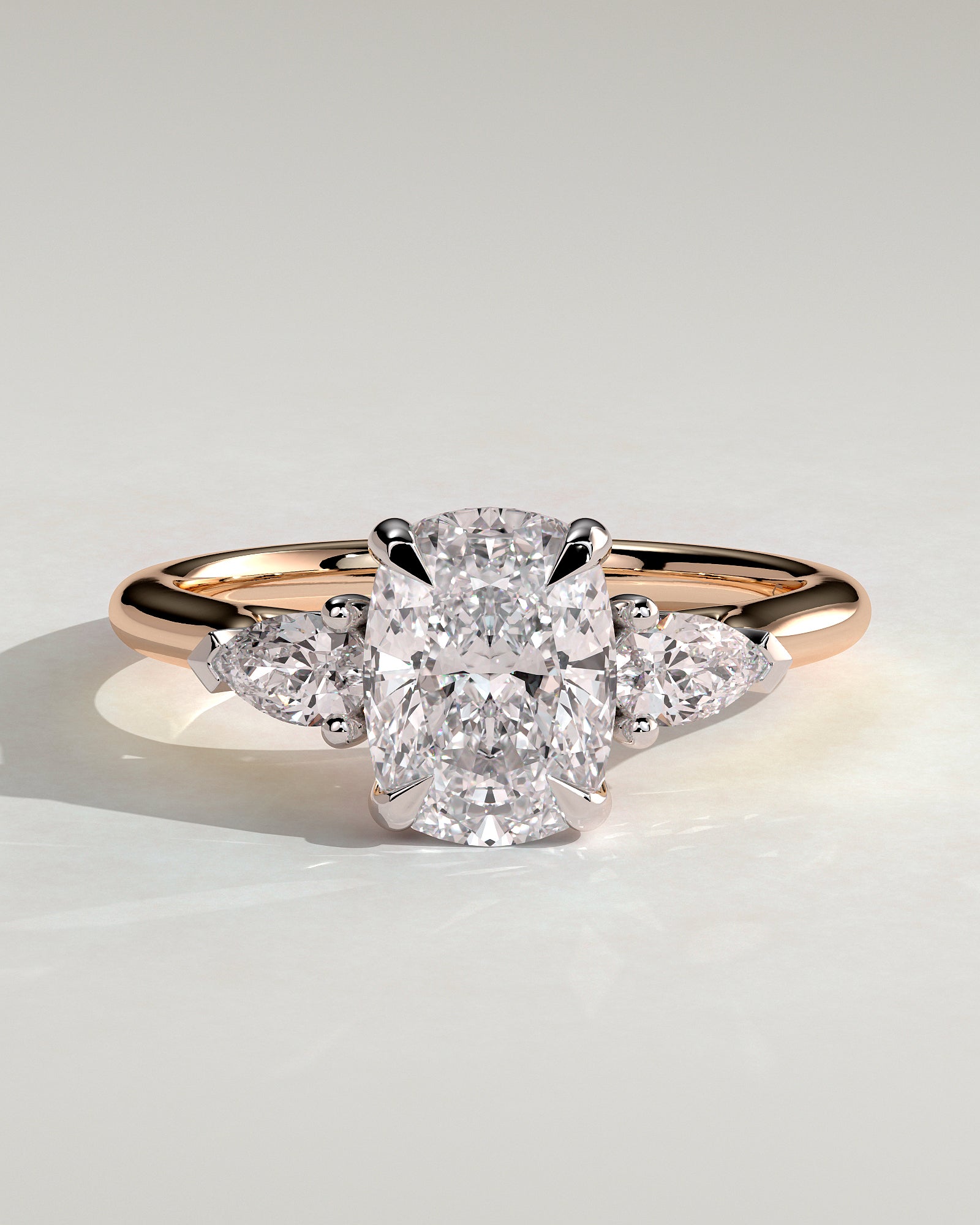 Cataleya - Elongated Cushion Claw Trilogy with Pear Side Stones and Cathedral Setting Engagement Ring - Rose Two-Tone - Rose Two-Tone 2ct