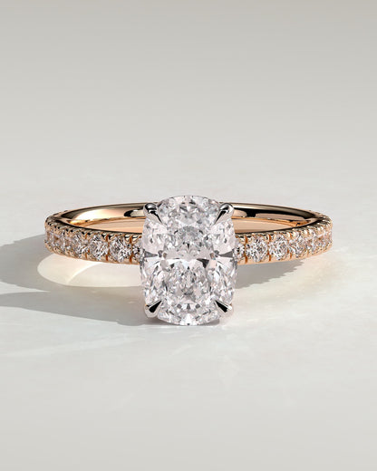Camilla - Elongated Cushion Claw Solitaire with Hidden Halo and Pave Band Engagement Ring - Rose Two-Tone