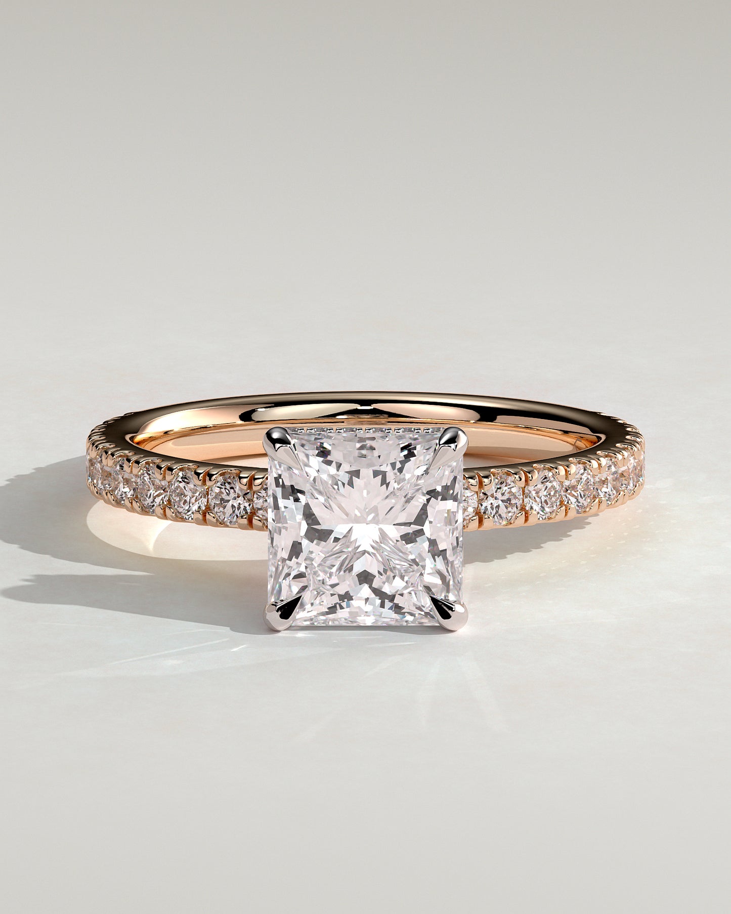Brooklyn - Princess Claw Solitaire with Wrap Around Hidden Halo and Pave Band Engagement Ring - Rose Two-Tone - Rose Two-Tone 2ct