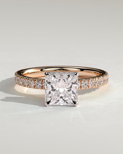 Brooklyn - Princess Claw Solitaire with Wrap Around Hidden Halo and Pave Band Engagement Ring - Rose Two-Tone