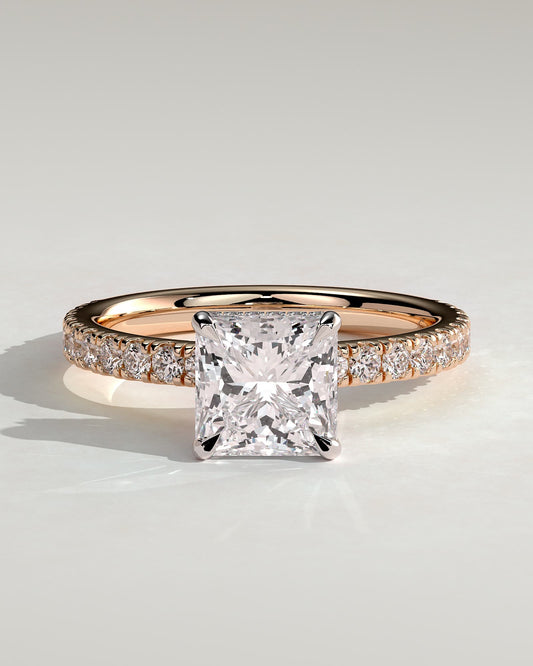 Brooklyn - Princess Claw Solitaire with Wrap Around Hidden Halo and Pave Band Engagement Ring - Rose Two-Tone