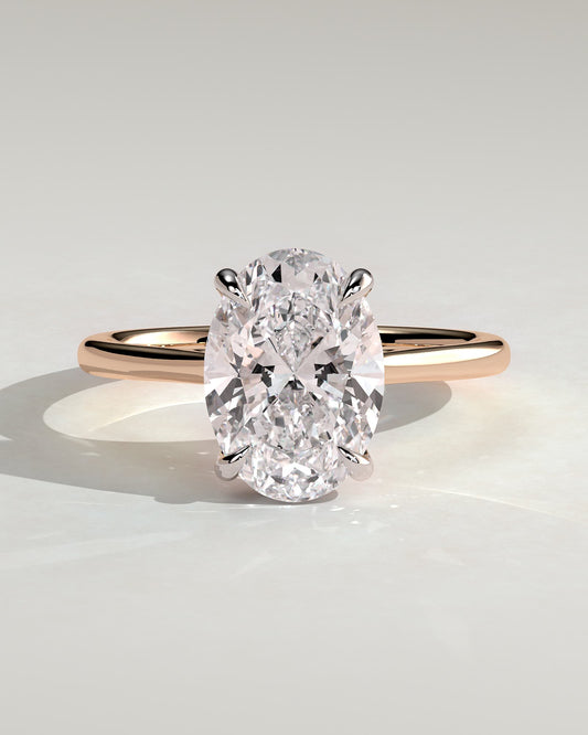 Bethany - Oval Claw Solitaire with Hidden Halo, Tapered Band and Cathedral High Setting Engagement Ring - Rose Two-Tone