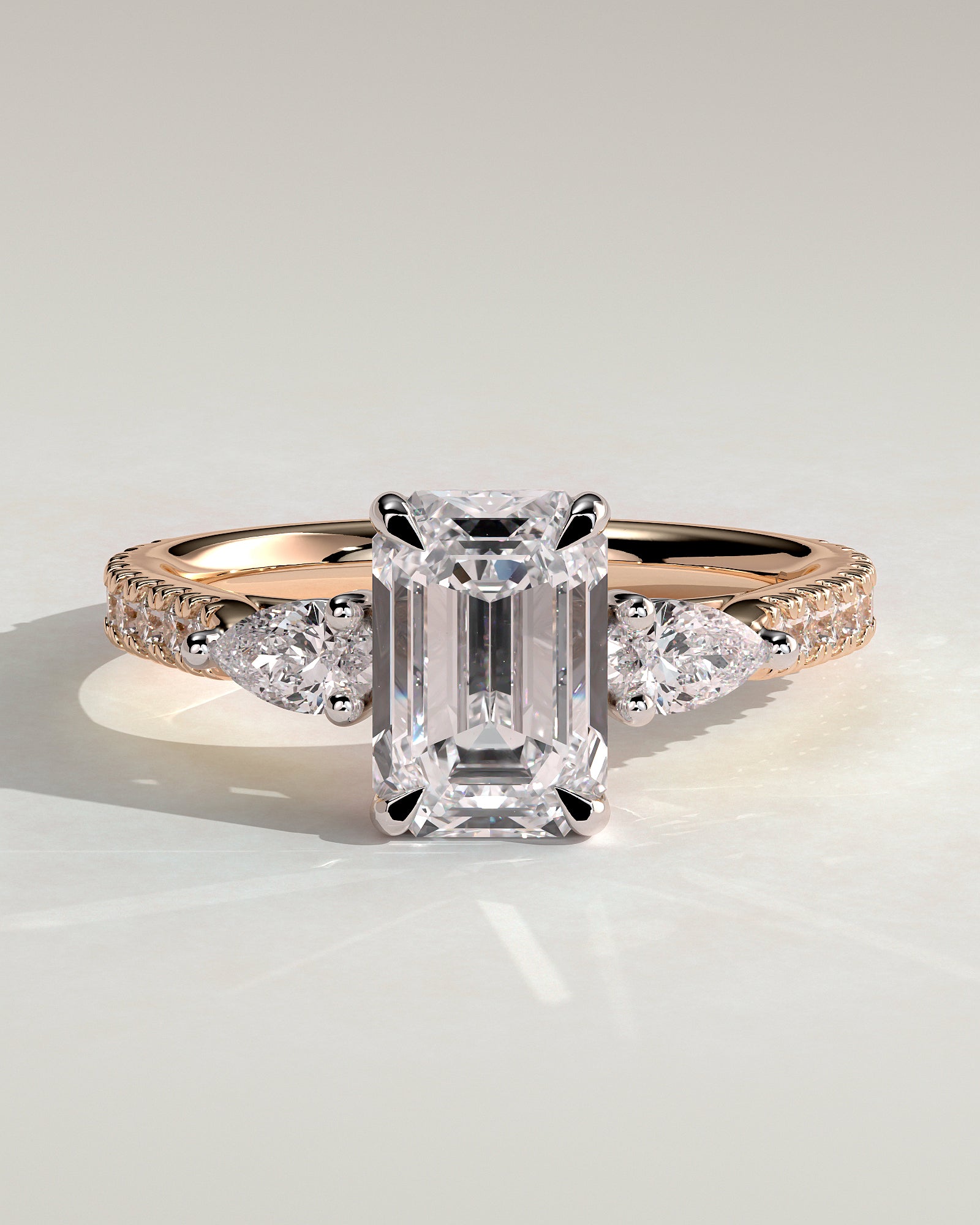 Autumn - Emerald Claw Trilogy with Pear Side Stones and Pave Band Engagement Ring - Rose Two-Tone - Rose Two-Tone 2ct